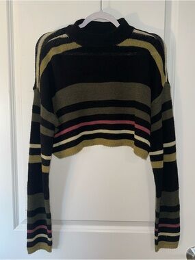 Hot Topic Junior Girls Striped Cropped Knit Sweater - Black with Olive & Pink